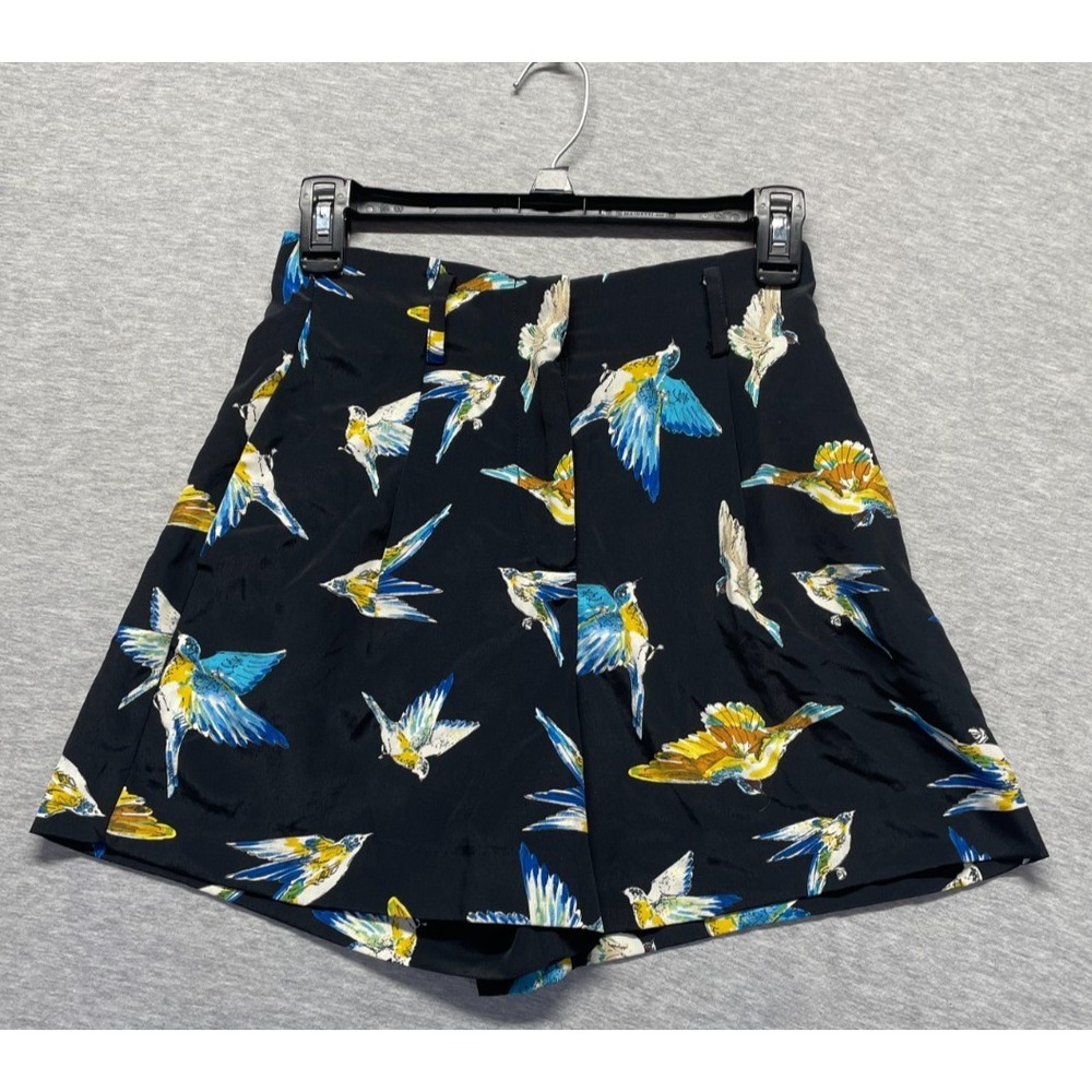 Zara High Waisted Shorts Womens XS Black Multi Allover Birds Print Pleated Front